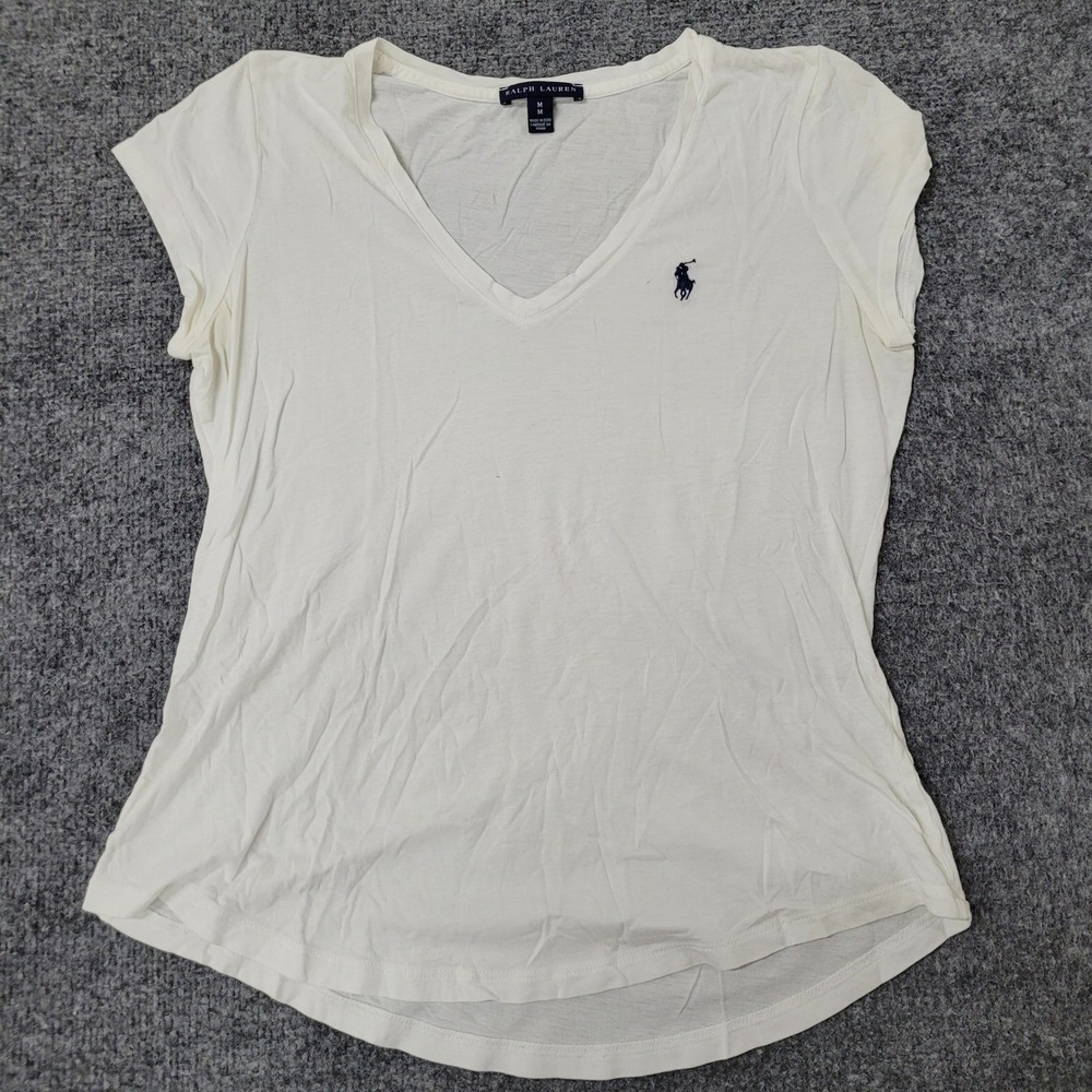 Ralph Lauren T-Shirt Womens Size M White V-Neck Short Sleeve Pony Logo Peru